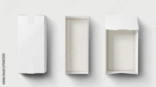 Closed and open cardboard box mockup top angle view. Realistic modern illustration set of blank carton package for delivery or gift concept. Rectangular low paper pack with cover mockup.