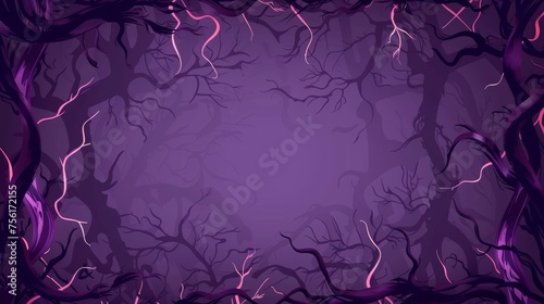 Dry liana vines with glow and twisted branches in form of square and rectangle frames for game UI design. Cartoon modern illustration set of scary creepy magic jungle purple borders. photo