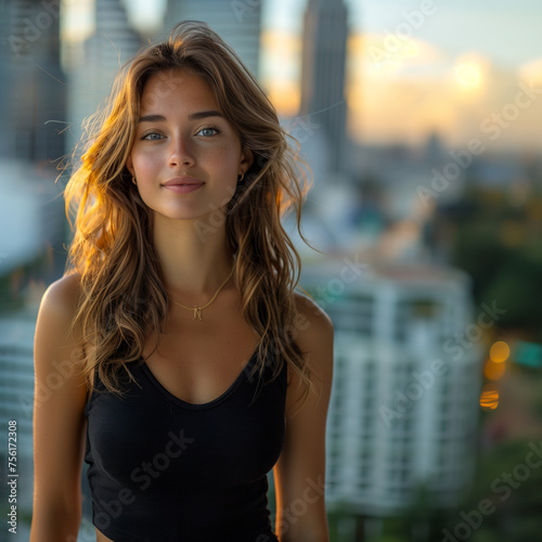 beautiful woman in an open black T-shirt in the evening against the background of modern city buildings