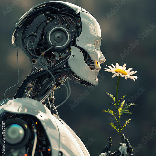 The robot smells chamomile. The concept of involving artificial intelligence in the life of humanity, the ability to possess AI to have emotions and feelings.