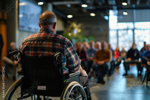 man in a wheelchair holding a meeting in a conference room
