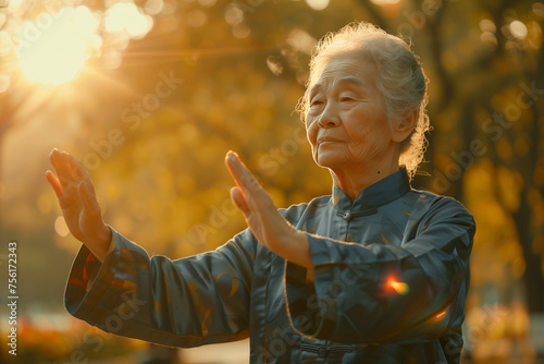 An elderly Asian woman practices Qigong or Tai Chi outdoors in the morning at sunrise, promoting health, longevity and well-being.