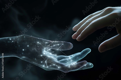 A human hand reaches out to an artificial intelligence digital hand. The concept of interaction between humanity and AI