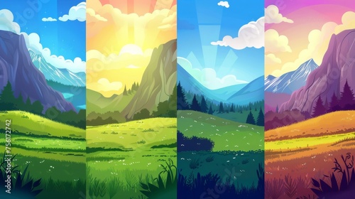 Cartoon summer daytime landscape of fields and trees, rocky hills and cloudy sky - sunny afternoons, dawns and sunsets, dark nights.