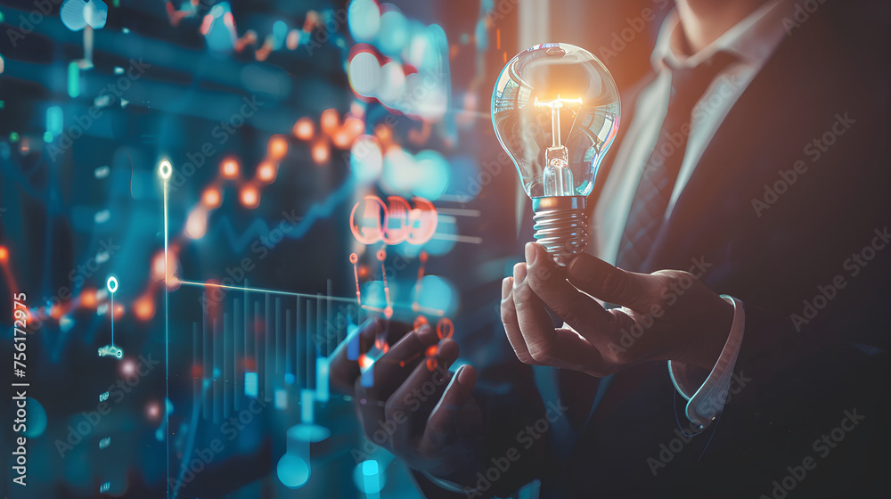 Businessman holding creative light bulb with growth graph, analytics icons. Utilizing analytics technology to develop new strategies and insights that enhance successful performance in global business - obrazy, fototapety, plakaty 