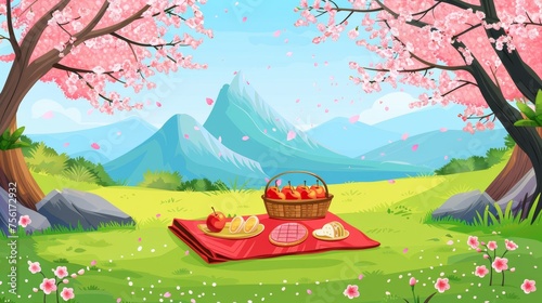 Typical spring picnic scene with snacks, fruit and wicker basket on green grass near rocky mountains foot under cherry or sakura trees with pink blossoms and wicker basket. Cartoon spring scene.