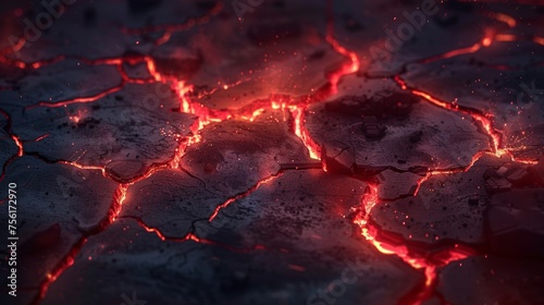 Realistic modern illustration of molten volcanic terrain with fractures, bright energy burn lights, and floating flare sparkles.