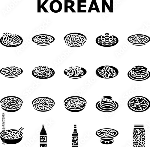 korean cuisine food asian icons set vector. korea menu, noodle top meal, bibimbap rice, topokki soup, chicken, healthy, dish korean cuisine food asian glyph pictogram Illustrations