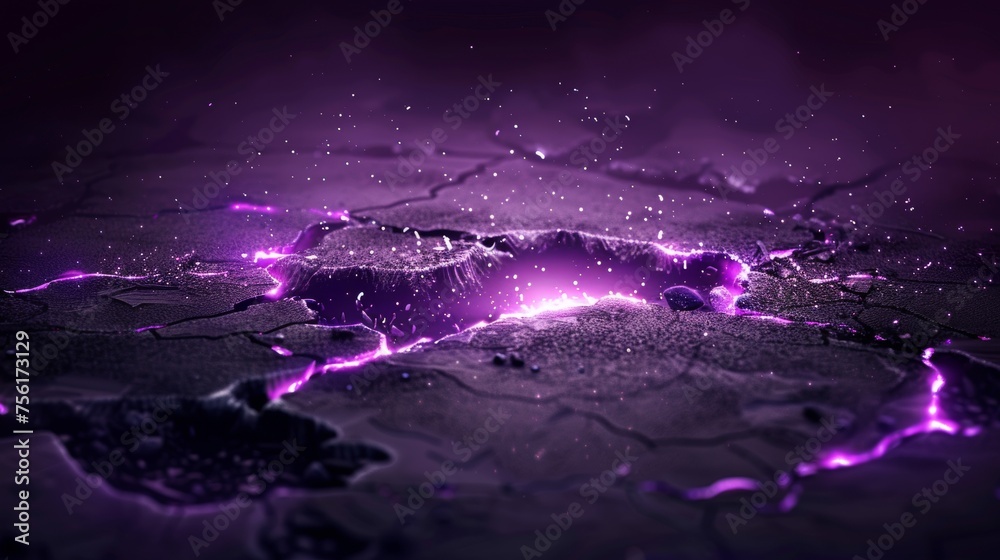 A ground surface with abstract light cracks on a black background. A definition of grey and purple holes glowing on a black background, mist and sparkling particles floating in the air, a magic - obrazy, fototapety, plakaty 