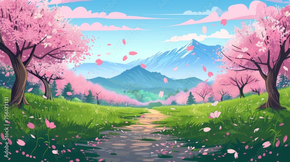A beautiful spring mountain valley with pink sakura trees. Cartoon illustration of a beautiful summer scenery, a footpath between cherry blossoms, petals flying in the air, flowers in green grass,