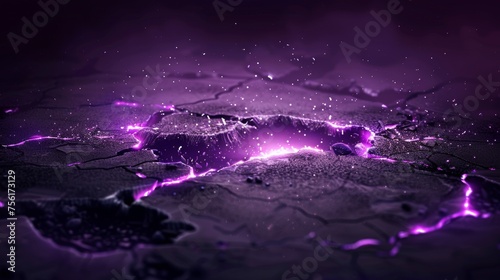 A ground surface with abstract light cracks on a black background. A definition of grey and purple holes glowing on a black background, mist and sparkling particles floating in the air, a magic photo