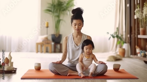 young mother with cute female children meditating and doing yoga exercise at home in the living room on the comfortable sunny day. photo