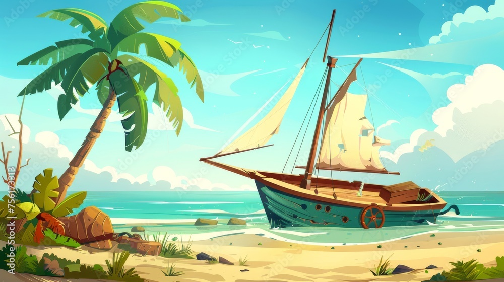 A wrecked ship on a tropical island, showing damages to the board, sails torn on the mast, cracked steering wheel, a green palm tree on the beach, and a shipwreck scene on the horizon. Illustration