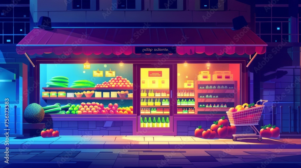 This modern cartoon illustration depicts a supermarket facade at night. The entrance and window of the store, fruit and vegetables for sale, a shopping cart full of food on the pavement, a dark city