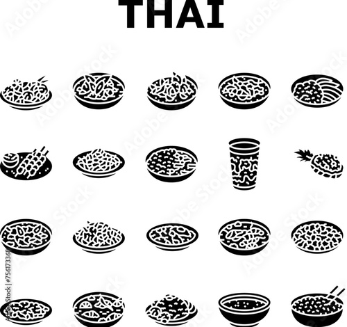 thai cuisine food asia icons set vector. curry table, various thailand, menu rice, plate delicious, som, meal, dish, cooking thai cuisine food asia glyph pictogram Illustrations