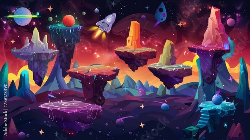 Floating platforms in a space travel game. Modern graphic depicting a galaxy landscape, alien spaceship travelling between level stones, stars and locks on the map, and asteroids in a night sky. © Mark