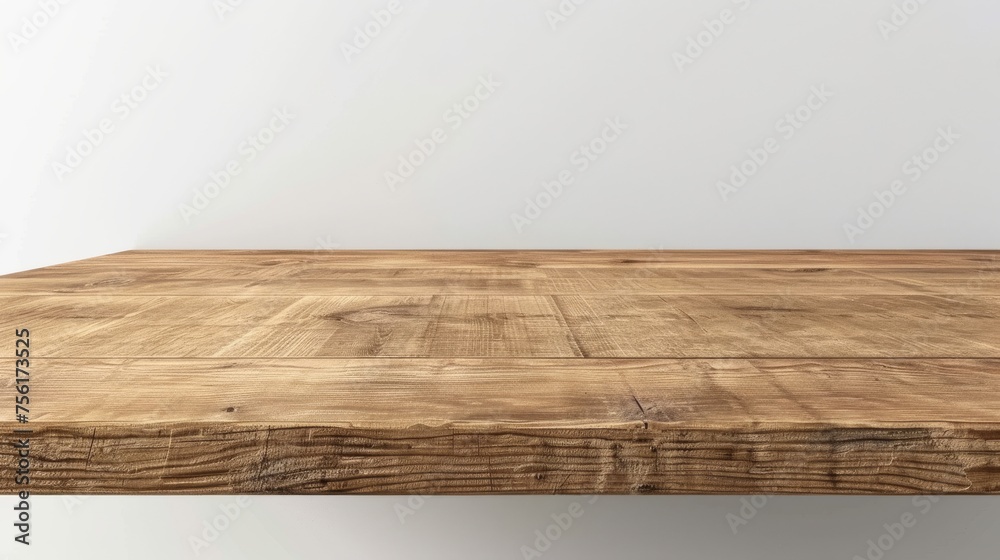 A light brown wooden 3D table countertop stands against a white background. An element of furniture for a presentation stand or podium, or a tabletop for a kitchen. - obrazy, fototapety, plakaty 