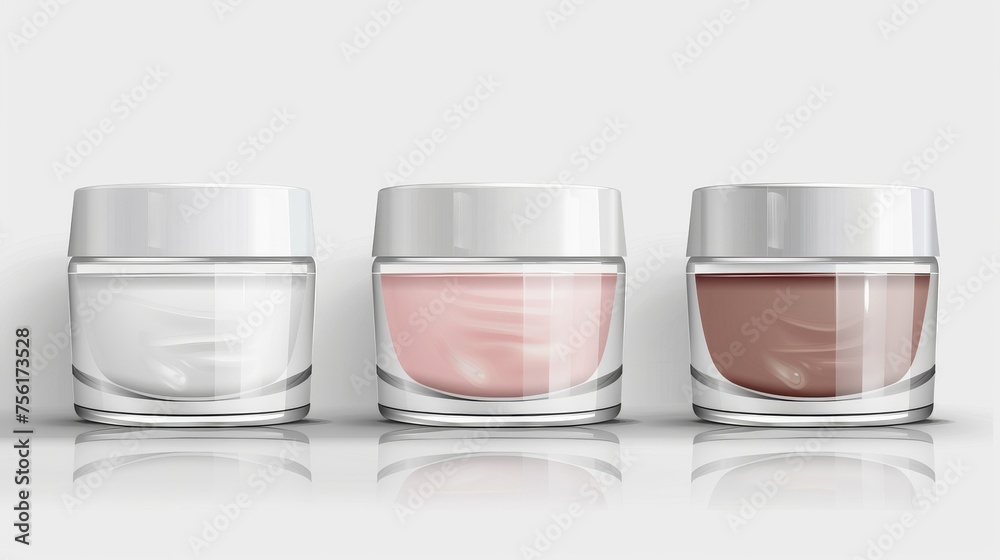 Glass jar mockup with white cap. Realistic modern illustration of a cream jar with a glossy cap. Beautiful set of transparent, translucent, matte and colored plastic containers for cosmetics. Glass jar mockup with white cap. Realistic modern illustration of a cream jar with a glossy cap. Beautiful set of transparent, translucent, matte and colored plastic containers for cosmetics.