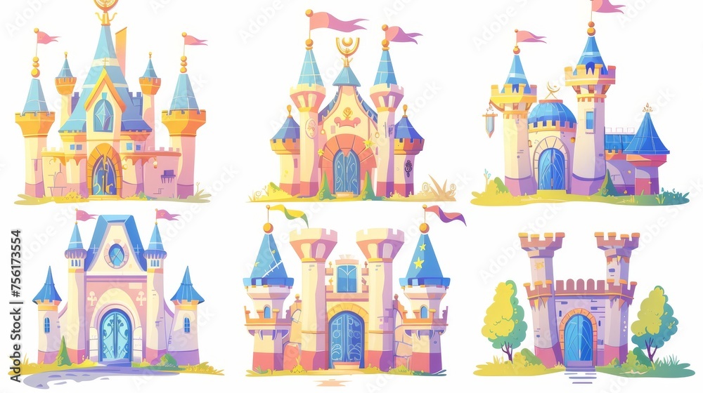 The fantasy fairytale ancient kingdom fortress palace or fort of a medieval castle comes with a flag on the tower, windows, and gate for children's books or games. Cartoon illustration set of fantasy