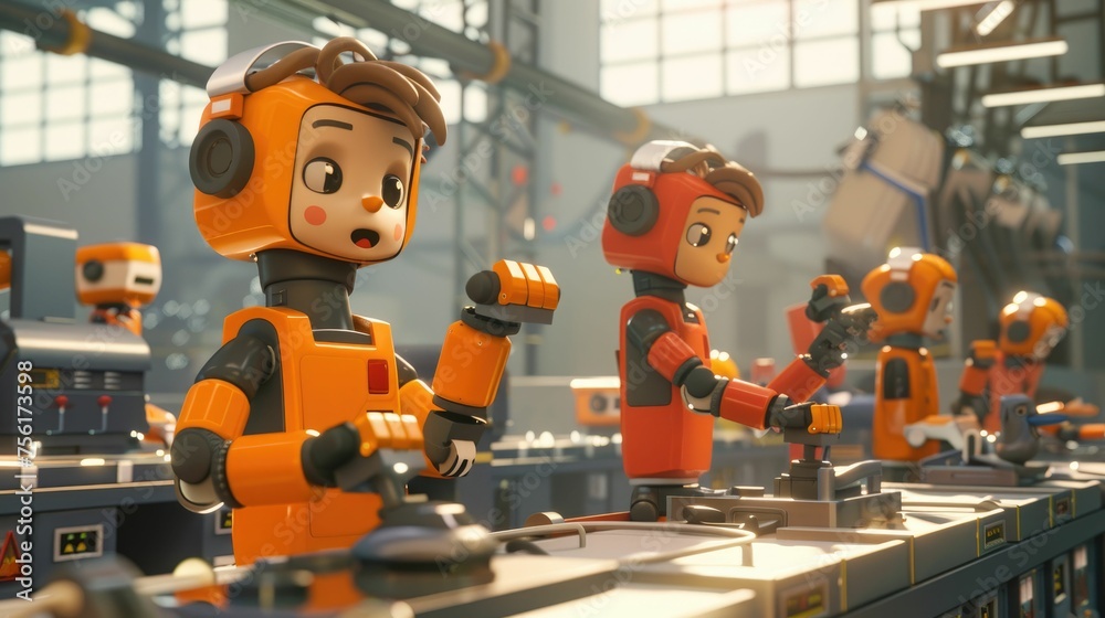 3D animation of humanoid robots in orange uniforms operating machinery on an industrial assembly line.
