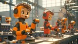 3D animation of humanoid robots in orange uniforms operating machinery on an industrial assembly line.
