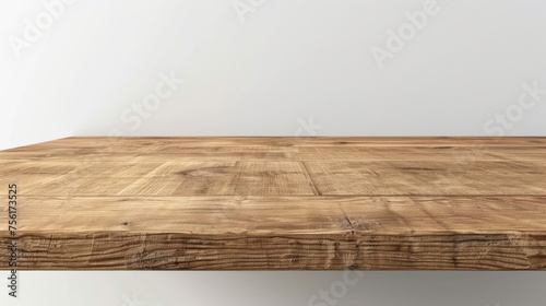 A light brown wooden 3D table countertop stands against a white background. An element of furniture for a presentation stand or podium, or a tabletop for a kitchen. photo