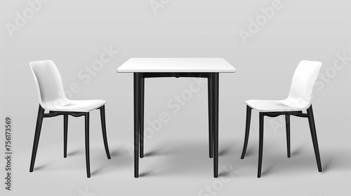 A booth with a square table and four chairs made from white plastic tops on black legs for an exhibition or cafe display. A realistic modern illustration showing empty furniture for advertising and
