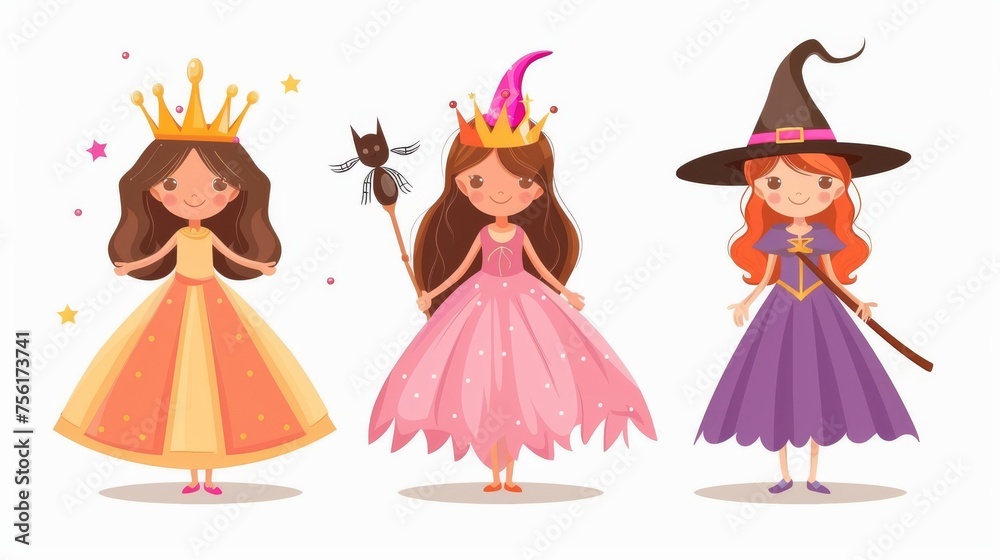 Modern cartoon illustration of a child wearing an elegant pink dress and golden crown, a suit with a hat and a broomstick, and a school theater performance. Modern cartoon illustration of a child wearing an elegant pink dress and golden crown, a suit with a hat and a broomstick, and a school theater performance.