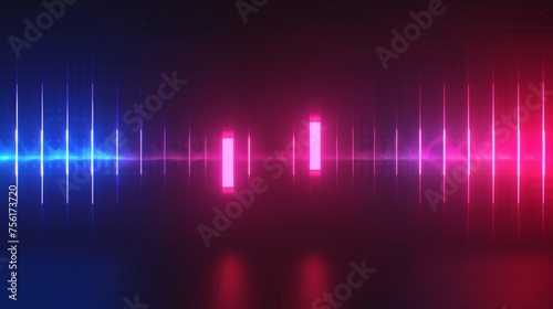 Music equalizer concept using neon laser waves. Illustration of an abstract blue and red glow line depicting sound energy pulses.