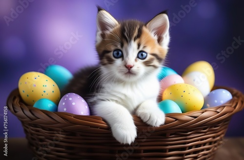 adorable kitten sitting in a basket surrounded by Easter Eggs © Kseniya Ananko