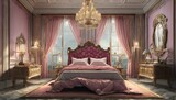 photorealistic interior of an art deco pink bedroom with dramatic lighting Front face  
Ai Generate 