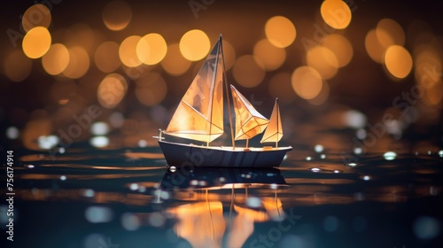 Paper origami sailboat floats on water, surrounded by enchanting bokeh lights, Ai Generated.