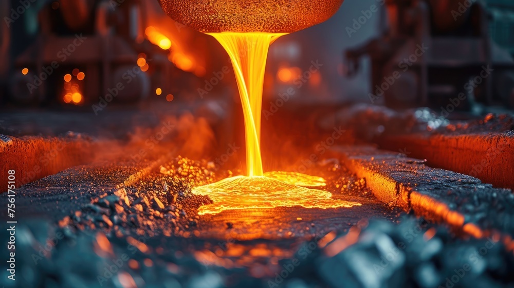 Molten steel flows from a metallurgical ladle, glowing and dynamic in its industrial journey. Ai Generated.