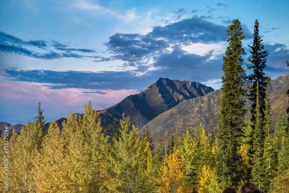 Canada, Yukon, view of the tundra in autumn, with mountains in background, beautiful landscape in a wild country

