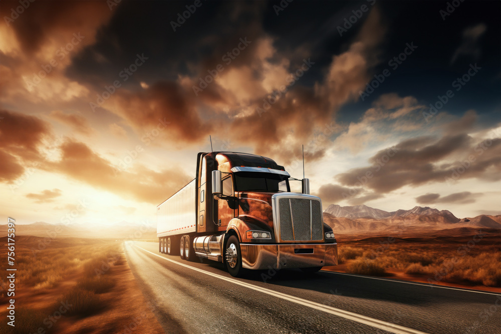 Classic large semi-trailer with a large hood and high roof, carrying commercial goods in a van semi-trailer, driving for delivery along a winding road at sunset. Classic large semi-trailer with a large hood and high roof, carrying commercial goods in a van semi-trailer, driving for delivery along a winding road at sunset.