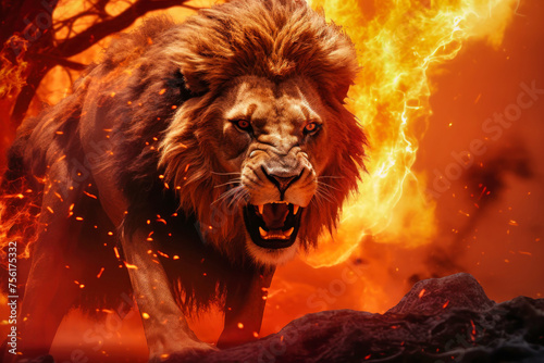A lion stands courageously with its mouth open in front of a raging forest fire, showcasing the danger of wildfires to wildlife