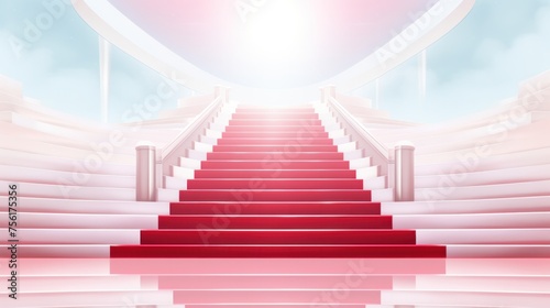 Staircase with red velvet carpet and a bright  luxurious background. business startup idea B isolated on silver background Awards Ceremony  Staircase Stage