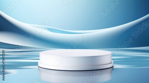 White podium on the background of blue sea ripples Ripple Liquid Skin Care Products Cosmetic Display Rack