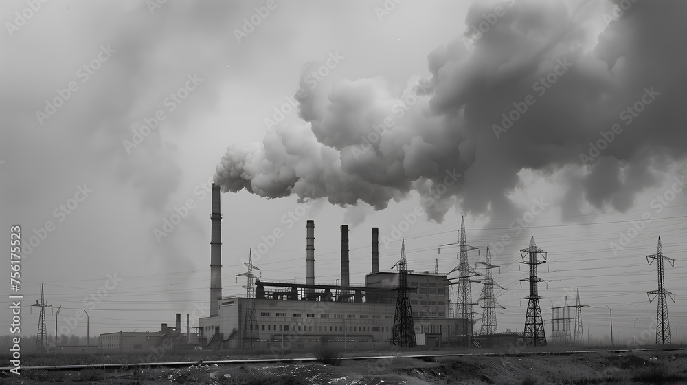 Industrial factory with tall smokestacks releasing white smoke against a clear blue sky, symbolizing air pollution.
