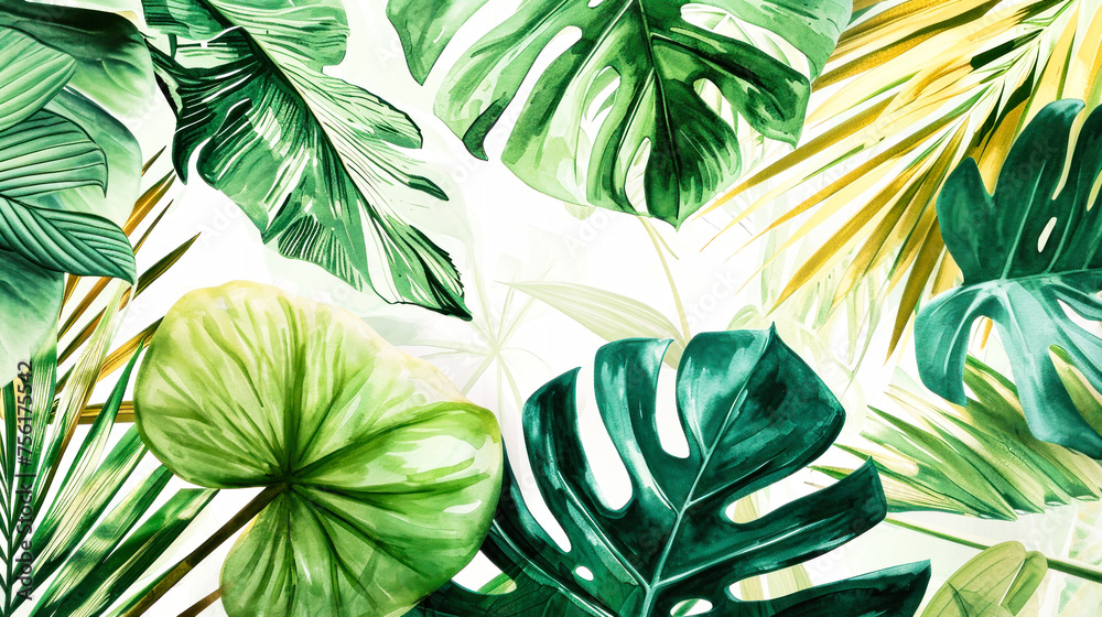 Fototapeta premium Green palm leaves of various types. Tropical bright background. The concept of vacation and travel to the resort.