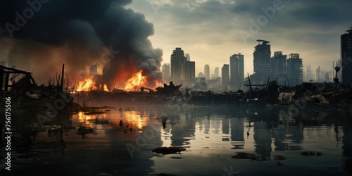 Image of the damaged city with burnt buildings, smoke and debris reflecting in the water.