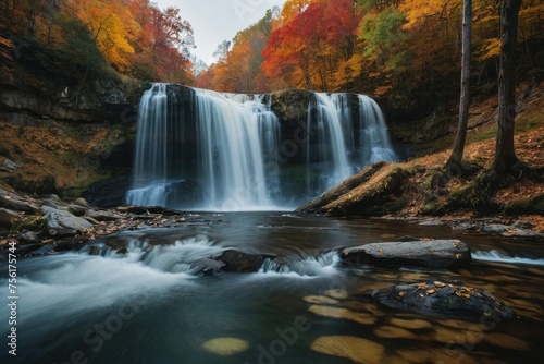 Colorful majestic waterfall in national park forest during autumn