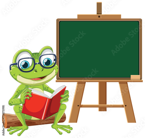 Cartoon frog reading book in front of chalkboard