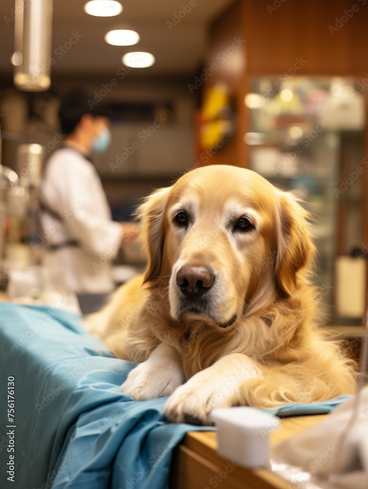 Labrador pet waits on gurney, at vet, for checkup
