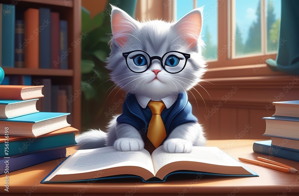 a smart kitten in full body suit, round glasses, blue eyes, giving a math class.