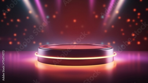 Abstract circular pedestal lit by spotlights Award presentation concept, stage backdrop.