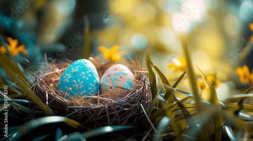 Colorful Easter eggs in a nest