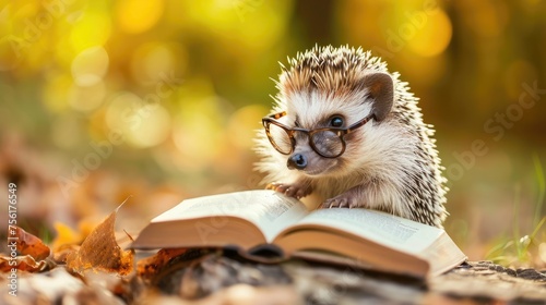 A cute hedgehog dons glasses, engrossed in a book. Ai Generated.