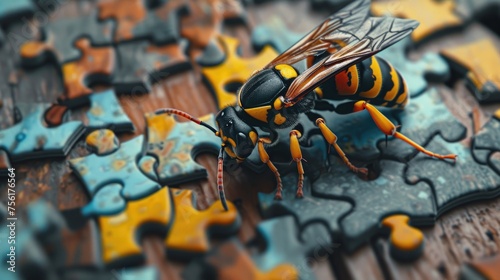 Cute hornet engrossed in a jigsaw puzzle, adding a whimsical touch, Ai Generated.