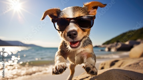 Energetic puppy leaps onto the beach, rocking adorable sunglasses, a pawfect blend of playfulness, Ai Generated. photo